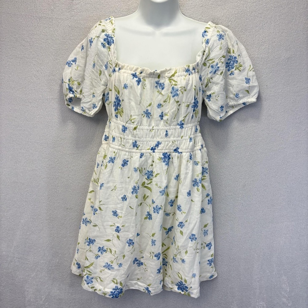 BP. Floral Milkmaid Sundress Womens Medium M White Blue Puff Sleeve Lightweight